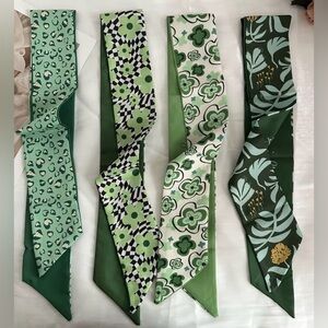 Set of 4 Twillies - Green Floral Leopard Patterned Twilly - Silk Scarves